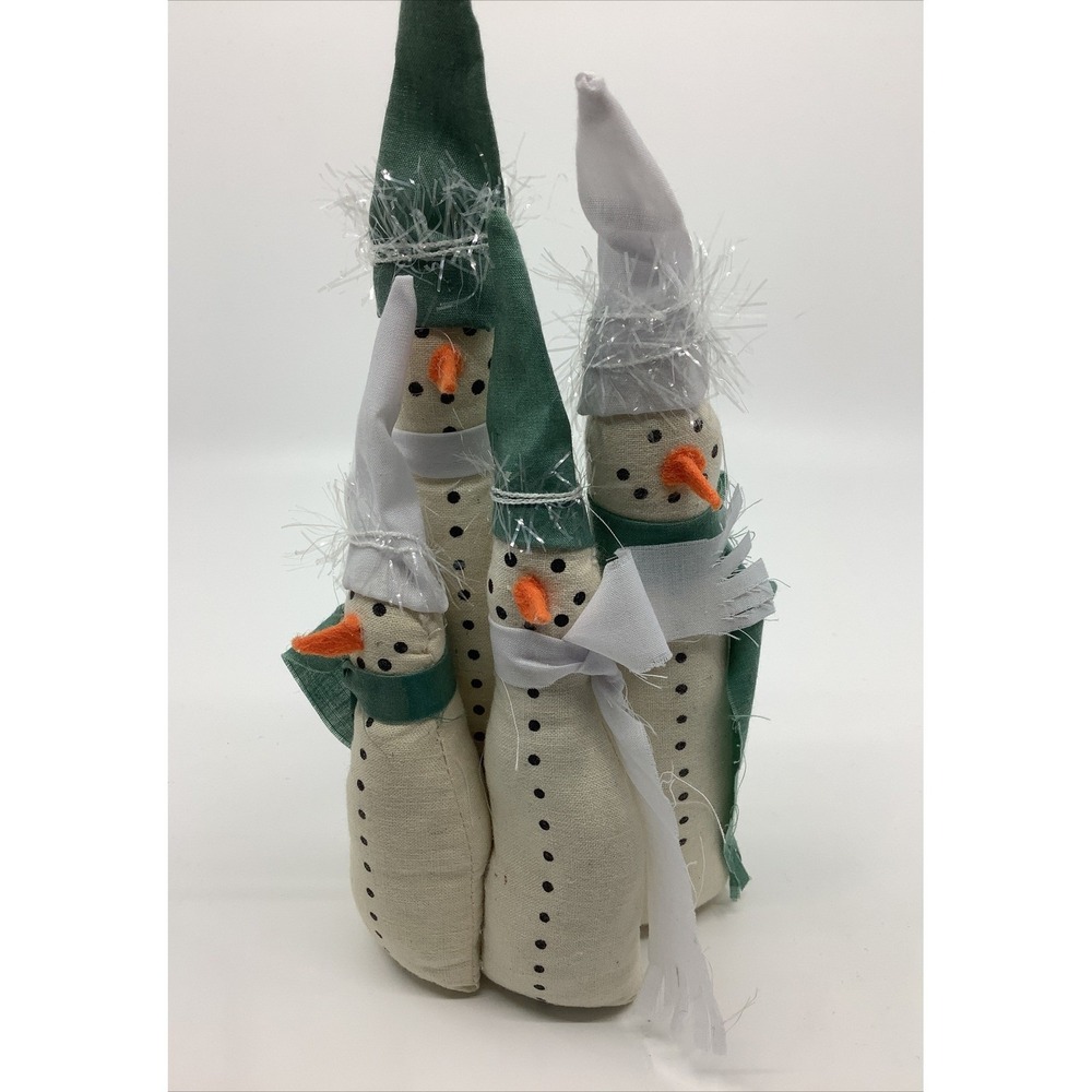Primitive Fabric Snowman Family Figurine Christmas Decor Green White 12 Inch